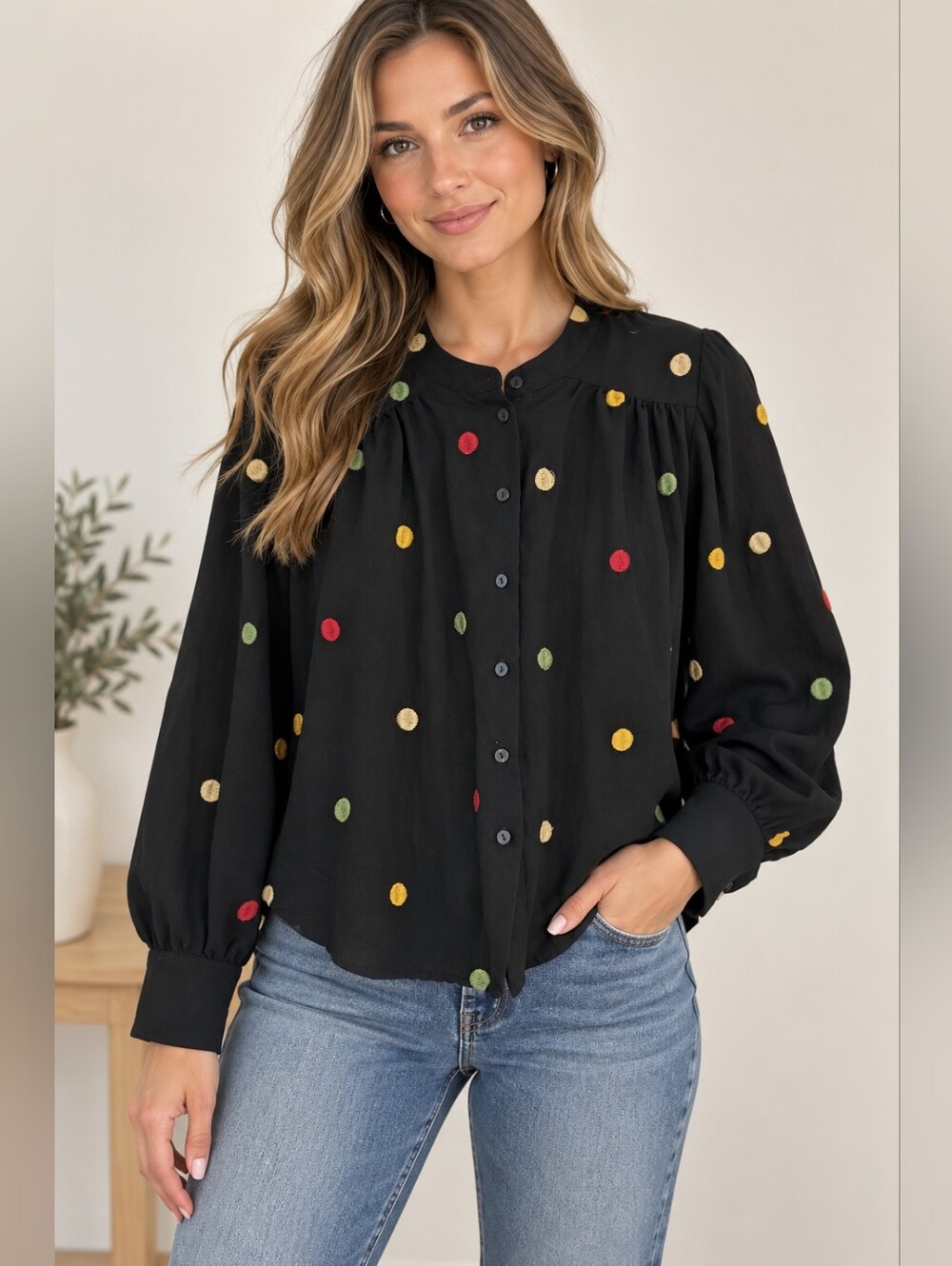 PepaLoves Black Embroidered Dot Blouse